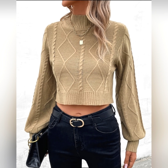Lantern Sleeve Cable Knit Mock Neck Crop Sweater Khaki - Picture 3 of 4
